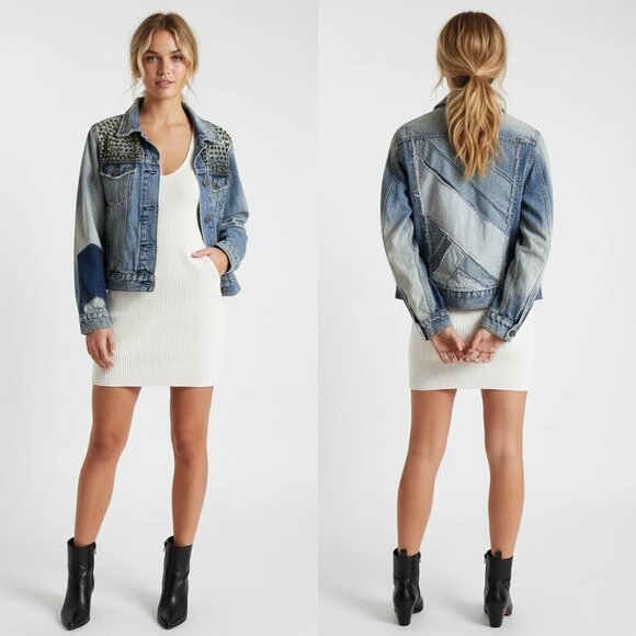 Free People : Brass-tone Studded Patchwork Distressed Boho Denim Jacket : XS - Picture 1 of 16